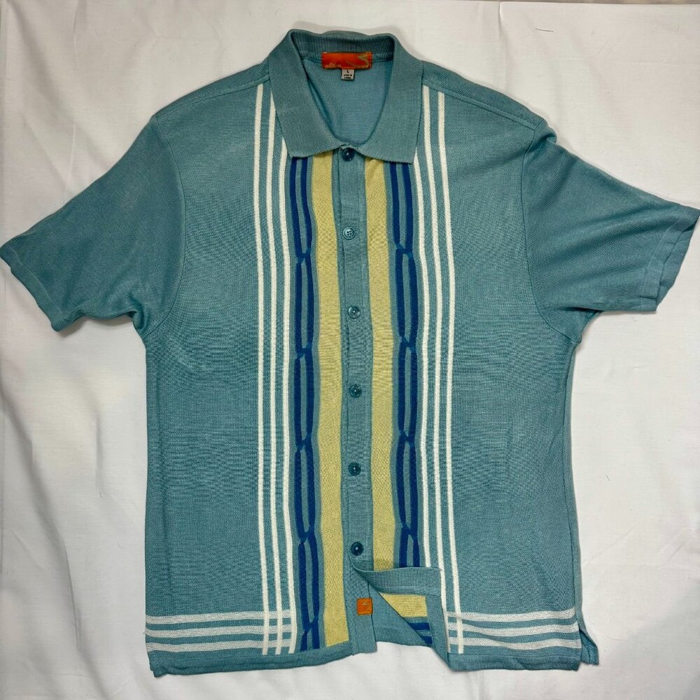 Teal Retro Stripe Rockabilly Button Front Shirt - Size L - Ramie